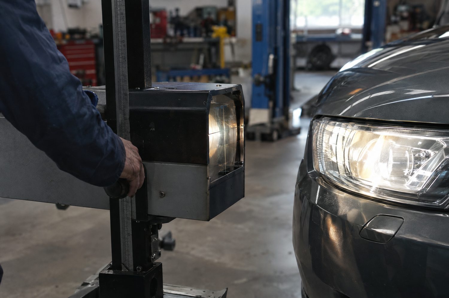 Monteur stelt de koplamp van een auto af met een optisch koplampafstelapparaat voor de koplamp
