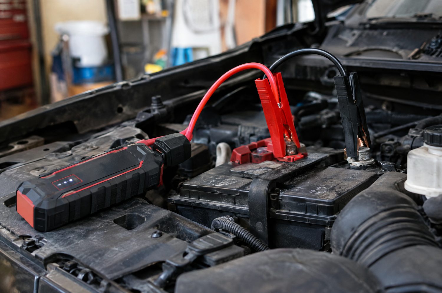 Jump starter booster met rode en zwarte klemmen aangesloten op een auto-accu