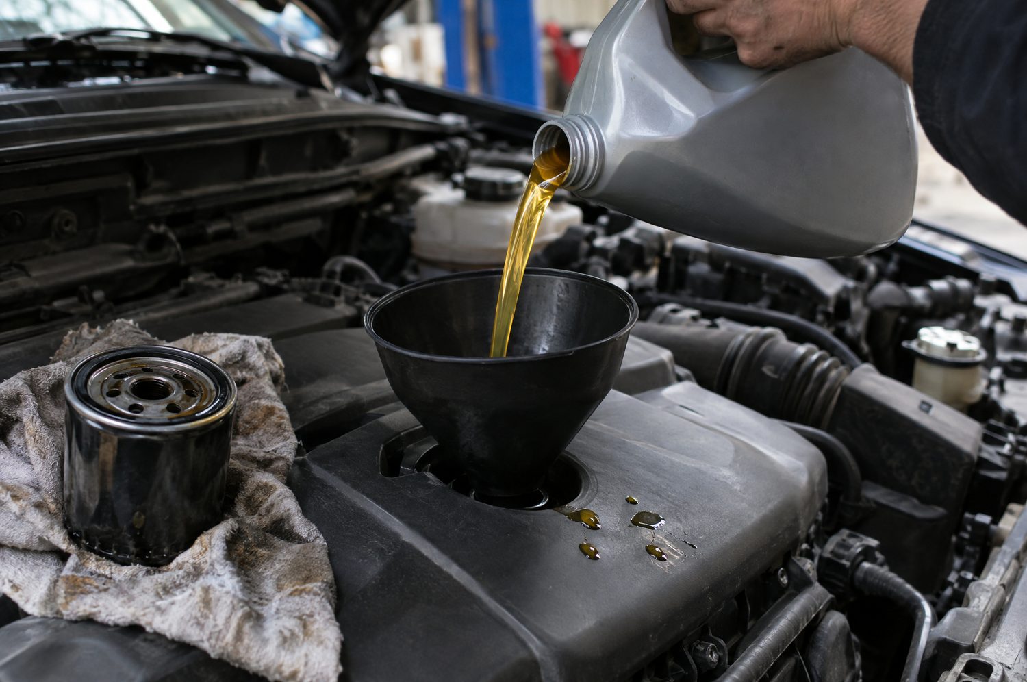 Verse motorolie wordt via een trechter in de motor gegoten, met het oude oliefilter ernaast