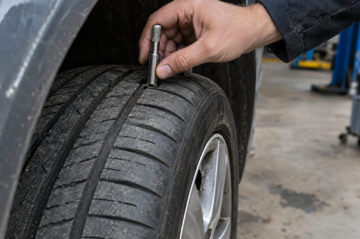 Profieldiepte van een autoband gemeten met een profieldieptemeter