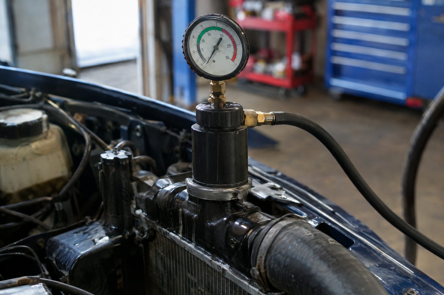 Druktester voor het koelsysteem met manometer, aangesloten op de vulhals van een radiateur