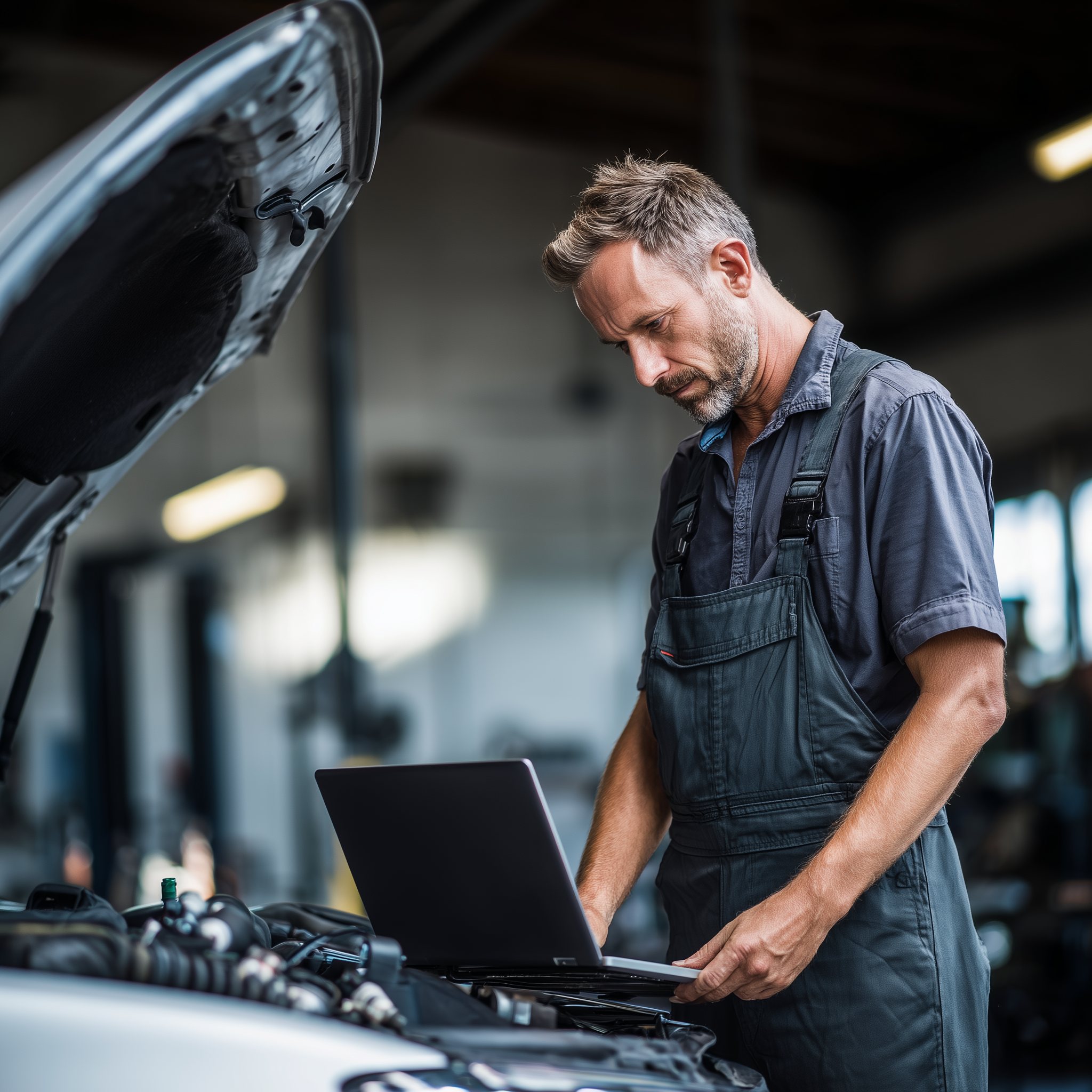Professional mechanic using diagnostic equipment
